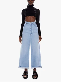 2023 Новые женские свободные джинсы с закатанными широкими штанинами, весна-лето, женские прямые синие джинсовые брюки с высокой талией, универсальные