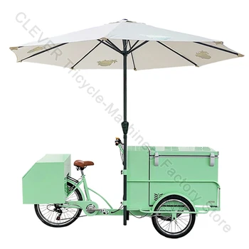 3-колесный электрический грузовой велосипед для мороженого Мятно-зеленые тележки для продажи мороженого с зонтиком