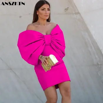 ANSZKTN ANSZKTN ANSZKTN Летнее Облегающее Розово-красное платье с бабочкой на плечах и оборками, Элегантное Женское Клубное платье Миди