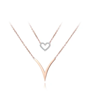 JeeMango Модное ожерелье с двойным звеном цепи в виде сердца из кубического циркония, ювелирное изделие, ожерелье из титановой стали цвета розового золота для женщин N18060