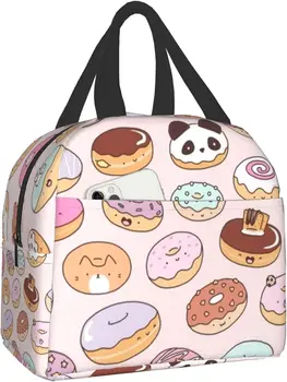 Kawaii Donuts Изолированная сумка для ланча Многоразовый ланч-бокс для девочек, сумка-холодильник для ланча с передним карманом для школьного пикника в офисе