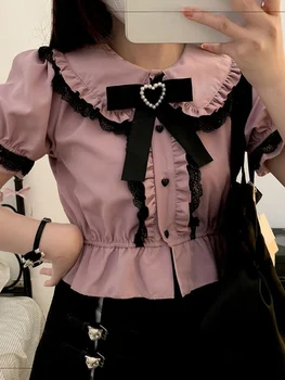 Kawaii Girl Sweet Cute Lolita Рубашка с пышными рукавами Летняя Y2k Эстетичная Кружевная Универсальная блузка Топ Новые Женские однобортные блузки
