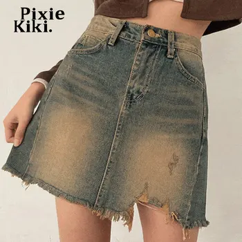 PixieKiki Y2k, Летние рваные джинсы, женские юбки трапециевидной формы, мини-юбки с высокой талией, уличная одежда из выстиранного денима, P77-DZ30