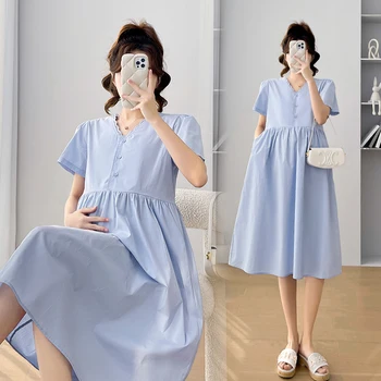 Q44500 # Платье Макси для грудного вскармливания с коротким рукавом, Корейское Свободное Женское Хлопковое платье в милом стиле, Летняя одежда для беременных, платье Миди для кормления