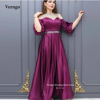 Verngo Abendkleider Фиолетовые вечерние платья из атласа трапециевидной формы с бусинами, пояс с круглым вырезом, короткие рукава, арабские женские платья для выпускного вечера, большие размеры, вечерние
