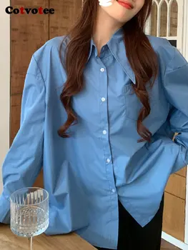 Yitimuceng Синяя рубашка Женская 2023, Новая Винтажная Повседневная Весенняя Свободная Однобортная Однобортная Женская верхняя одежда средней длины