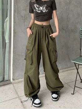 Zoki 100% хлопок, брюки-карго Y2K, женские повседневные брюки в стиле хип-хоп, уличная одежда в американском ретро стиле, карманы с высокой талией, Широкие брюки Bf.
