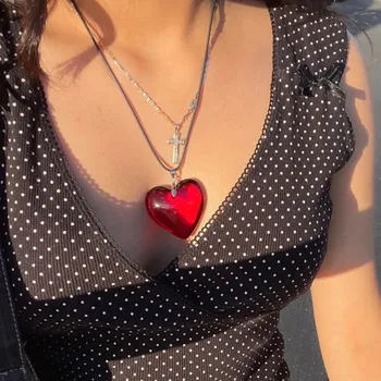 Большое красное Стеклянное ожерелье в виде Сердца, Темно-Красное Пухлое Ожерелье с подвеской в виде большого Сердца на День Святого Валентина, Ожерелье на День Матери.