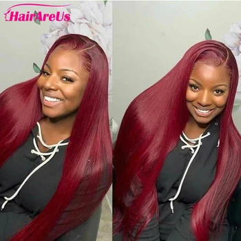 Бордовые парики из человеческих волос # 99J Красный Прямой парик из натуральных волос спереди для женщин 13X4 HD Прозрачные парики спереди на кружеве