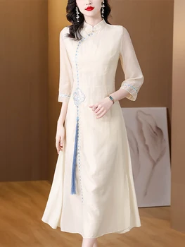 Весенне-летнее Элегантное Шикарное Длинное платье с вышивкой 2023, Однотонное Модное вечернее платье с кисточками, женское Новое Корейское повседневное Офисное Женское платье