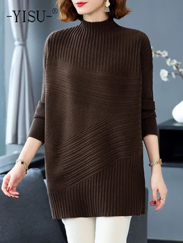Длинный свитер YISU, Женская Половина водолазки, Вязаное платье-пуловер С длинным рукавом, Однотонная Повседневная Свободная мягкая Женская одежда