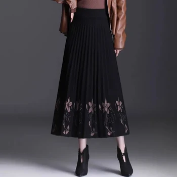 Жаккардовая трикотажная юбка в пол-тела, женская осенне-зимняя новая модная элегантная юбка с высокой талией, длинный абзац, утолщенная плиссированная юбка