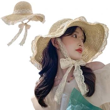 Женская Соломенная Шляпа с широкими Полями и ремешком для подбородка, Большая Гибкая Шляпа, Соломенная пляжная Шляпа DXAA