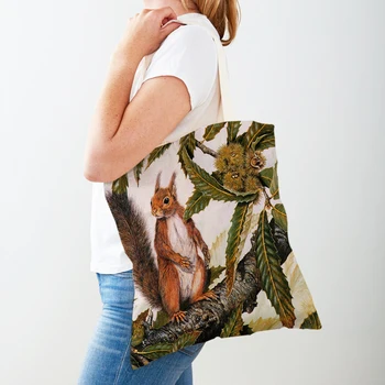 Женская сумка для покупок, Двусторонняя сумка для покупок с принтом Лисы, Птицы, Белки, Многоразовая Холщовая сумка с мультяшным животным, Повседневная сумка-тоут