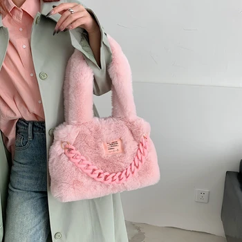 Женские плюшевые сумки-тоут на цепочке, зимний тренд, мягкая пушистая сумка-мессенджер, роскошная дизайнерская сумка Y2K, сумка через плечо из искусственного меха.
