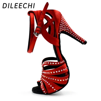 Женские туфли для латиноамериканских танцев DILEECHI, Мягкие танцевальные туфли для Сальсы, Стразы Красного цвета, Туфли для латиноамериканских танцев, стразы на каблуке 8,5 см