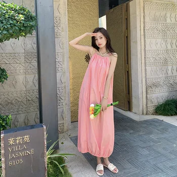 Женское Розовое льняное платье с длинным ремешком на шнурке, Летнее платье-джемпер без рукавов Для вечеринки, морского пляжа, свободного кроя.
