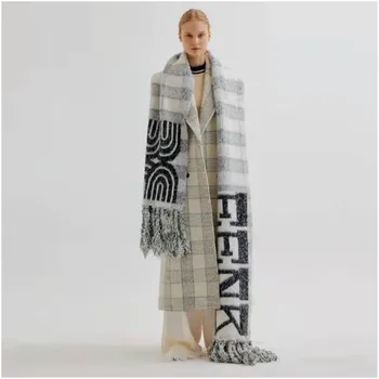 Зимний женский Удлиненный Кашемировый шарф с бахромой и буквенным принтом, шаль, Роскошное Брендовое Дизайнерское теплое одеяло, шейные платки, обертывания