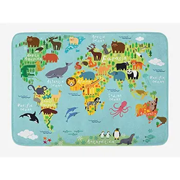 Карта мира с животными для детей, Мультяшные горы и леса, плюшевый коврик для ванной с нескользящей подложкой