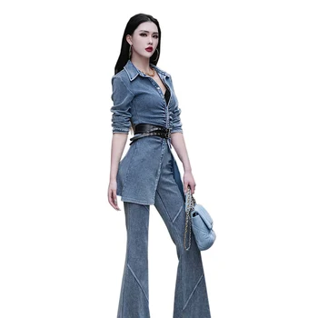 Классный женский топ, брюки, комплект из двух предметов, джинсовый кардиган, длинные брюки с поясом, комплект из двух предметов, Популярный хит продаж 2023, женский костюм