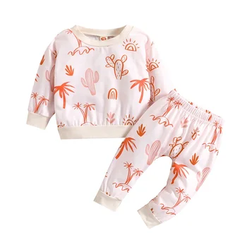 Комплект штанов для маленьких девочек, футболка с длинными рукавами и принтом кактуса/цветка и штаны с эластичной резинкой на талии