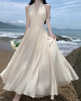 Корейское модное Элегантное цельное платье женского вечернего дизайна без рукавов на бретелях, Тонкое Пляжное платье Макси в стиле бохо, Летнее платье Vestidos