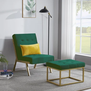 Кресло с бархатной обивкой на золотом металлическом каркасе с оттоманкой (зеленый)