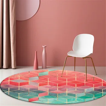 Круглый ковер в скандинавскую Розово-зеленую геометрическую клетку для девочки, простой Свежий роскошный коврик Для украшения комнаты, противоскользящий коврик для стула, милый