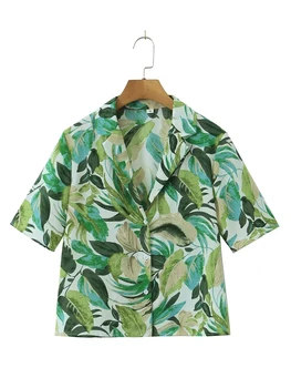 Летние женские модные длинные рубашки в пляжном стиле, повседневные зеленые топы с принтом листьев и шорты, женские эластичные короткие брюки с высокой талией.