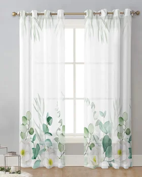 Летние Листья эвкалипта, цветы, тюлевые шторы для гостиной, прозрачные шторы, кухонные шторы, современная вуалевая занавеска для спальни