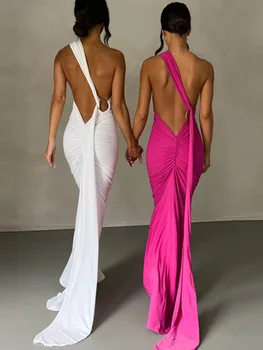Макси-платье с косыми плечами и открытой спиной для женщин, летнее вечернее платье с бретельками на спине, без рукавов, с рюшами, сексуальное длинное платье Vestidos