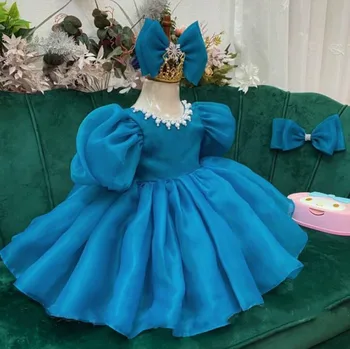 Милое платье ручной работы для девочек из органзы и жемчуга, платья на день рождения для девочек от 9 до 8 лет, праздничное платье-пачка, платье в цветочек для девочек с большим бантом