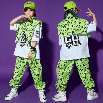 Модная зеленая леопардовая одежда для девочек, детский танцевальный костюм в стиле хип-хоп, уличный танцевальный костюм для мальчиков, сценический костюм для подиума BL6500