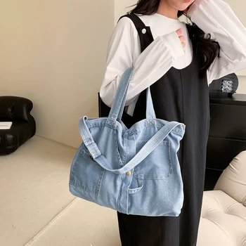 Модная сумка через плечо Женская джинсовая повседневная сумка-тоут большой емкости с множеством карманов Сумка-шоппер для женских сумок 