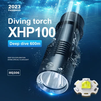 Мощный светодиодный фонарик для дайвинга XHP100 6000LM Перезаряжаемый фонарик 600 м Профессиональные подводные лампы Водонепроницаемый фонарь для дайвинга IPX8