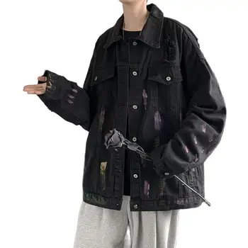Мужская джинсовая куртка с дырками, черное синее повседневное свободное пальто в стиле хип-хоп