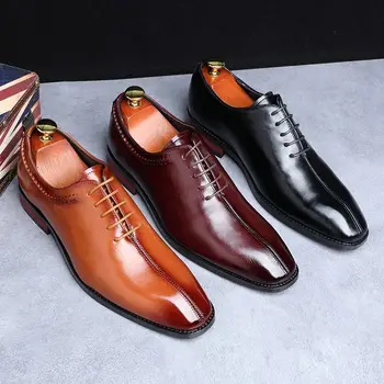 Мужская классическая деловая обувь из микрофибры с квадратным носком на шнуровке, мужские модельные офисные туфли-лодочки, мужские модные оксфорды для свадебной вечеринки