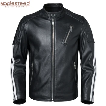 Мужская куртка из натуральной кожи, 100% воловья кожа, Приталенное мужское пальто в белую полоску, Мотоциклетная байкерская одежда, осенний азиатский Размер M420