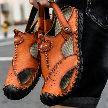 Мужские кожаные сандалии Летние Римские классические полые повседневные тапочки большого размера с толстой подошвой, уличная обувь для ходьбы с круглым носком
