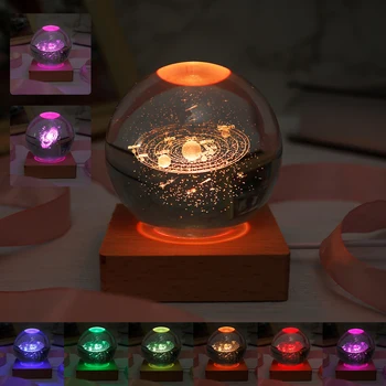 Новая 3D лампа с хрустальным шаром Солнечной Системы, ночник с Хрустальным шаром 7 см, с деревянной основой, 6 Цветов, Меняющих Свет, Галактика Млечный Путь