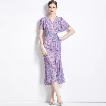 Новое летнее фиолетовое шифоновое платье с цветочным рисунком, модное женское платье с V-образным вырезом, коротким рукавом, принтом, на шнуровке, с оборками, облегающее платье Миди-русалка, Vestidos