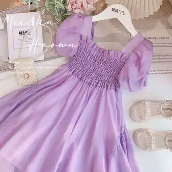 Платье для девочек 2023, летние новые детские плиссированные платья с пышными рукавами, детская одежда, прямая поставка, розничная продажа