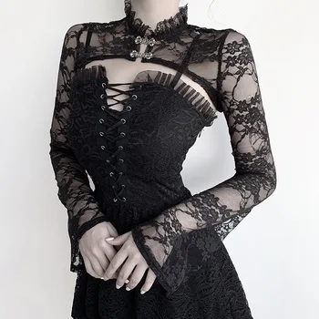 Расклешенный рукав Черная блузка с v образным вырезом в готическом стиле, облегающая блузка с длинным рукавом, Прозрачная Сексуальная Кружевная нижняя рубашка