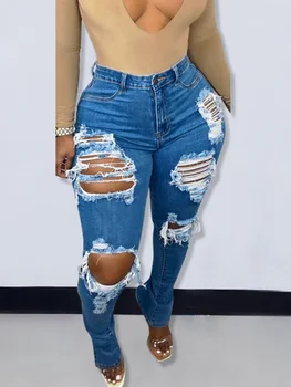 Рваные джинсы с вырезом и высокой талией, женские сексуальные обтягивающие джинсовые брюки