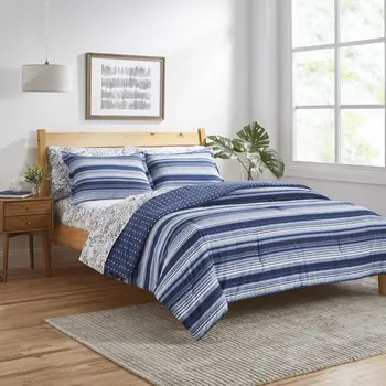 Реверсивный комплект одеял из смеси органического хлопка в полоску в стиле пэчворк, , Синий, 3 предмета