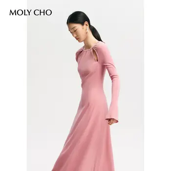 Розовое платье с открытой спиной, женская весенняя приталенная юбка-свитер, тонкая трикотажная длинная юбка снаружи