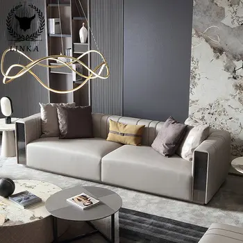Роскошный кожаный диван в гостиной, современный простой трехместный диван из массива дерева, дизайнерская мебель