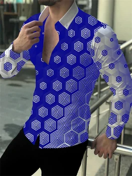Рубашка Мужская Со стоячим воротником с лацканами, модная повседневная сине-фиолетовая геометрическая уличная вечеринка, высококачественная ткань, Новинка 2023 года, Большие размеры