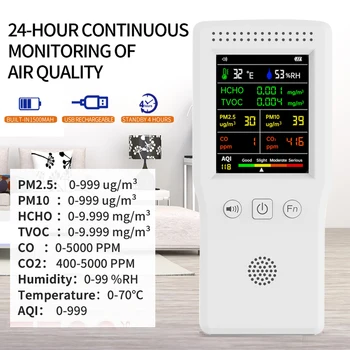 Ручной Детектор Качества воздуха 9 В 1 Температура Влажность PM2.5 PM10 HCHO TVOC CO CO2 AQI Многофункциональный Газоанализатор CO2 Метр
