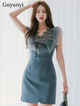 Элегантное вечернее платье, Летняя Корейская версия, однотонные сексуальные мини-женские платья без рукавов с V-образным вырезом, с высокой талией, темпераментные, без рукавов
